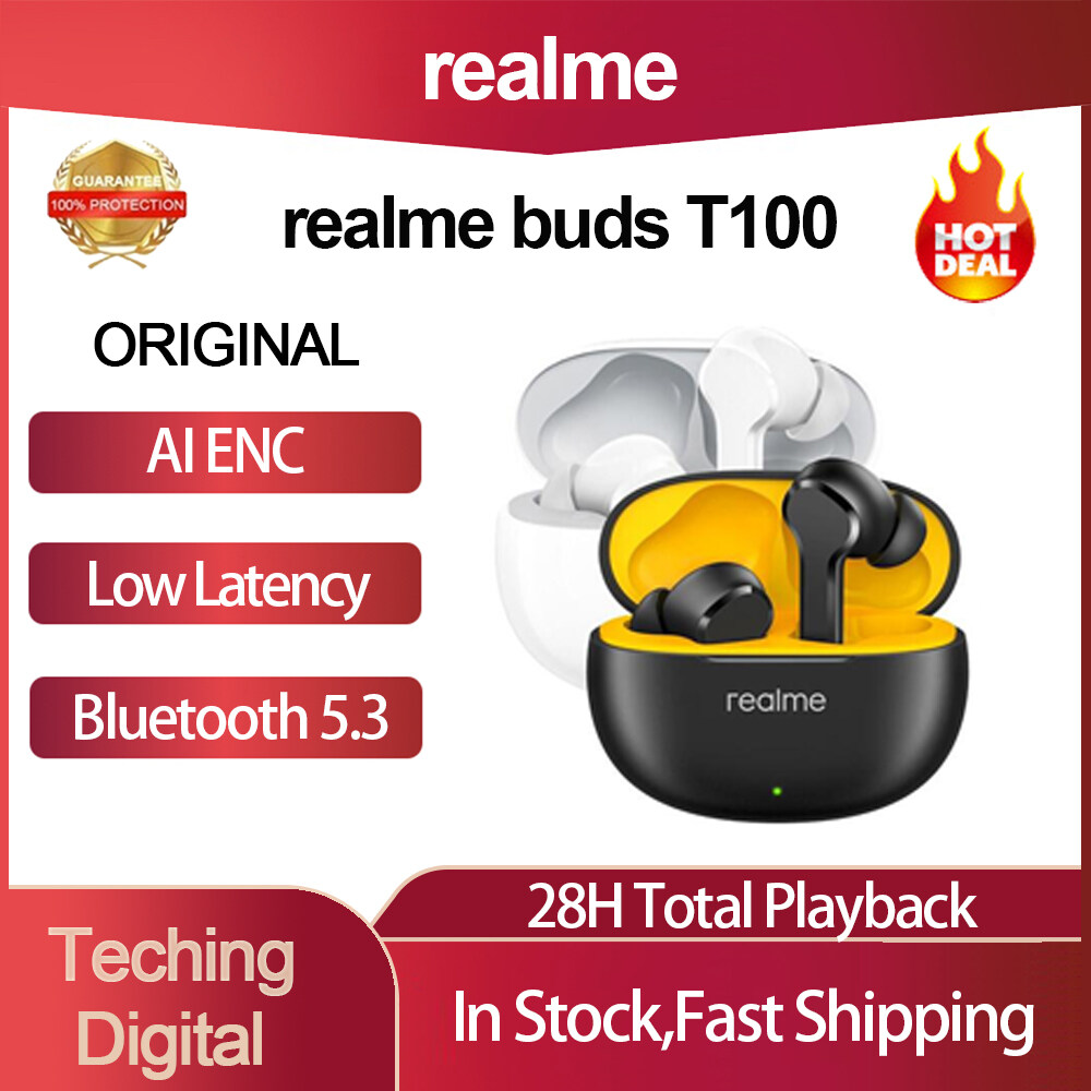 Original realme buds T100 Earphones Bluetooth 5.3 AI ENC Ture Wireless Headphones Long Battery Life TWS IPX5 Waterproof Sport Headset