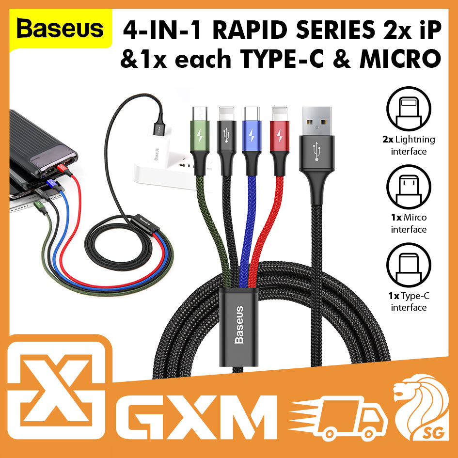 Baseus Rapid 4 In 1 iPhone Lightning Type-C Micro USB Multiple Charging Cable 3.5A Simultaneous Charge IOS Android 1.2M Data Sync Cable