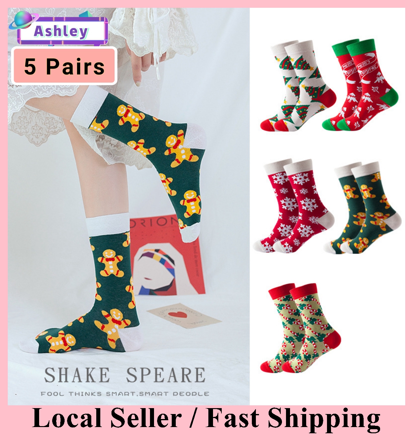 (SG Seller)5 Pairs Long Socks Fashion Socks Unisex Socks Christmas Socks Women Men Socks Christmas Socks Hip Hop Streetwear Christmas Gift