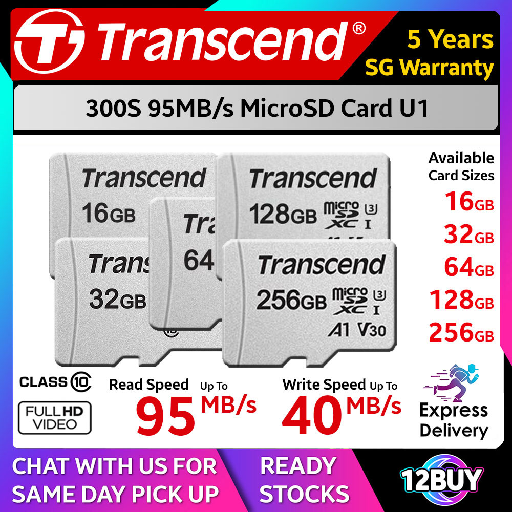 Transcend 300S MicroSD Card 95MB/s C10 16GB A1 32GB 64GB U1 128GB 256GB 512GB U3  Express Door Delivery 3 to 7 Days
