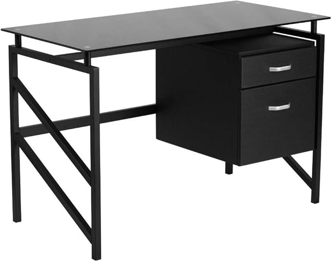 Flash Furniture Singleton Glass Desk with Two Drawer Pedestal,Black