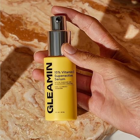 Gleamin 15% Vitamin C Facial Serum - with 3% Tranexamic Acid, 4% Niacinamide and Bakuchiol - For Uneven Tone, Post-Blemish Visibly Brighten & Texture | Fragrance Free - 1 FL OZ
